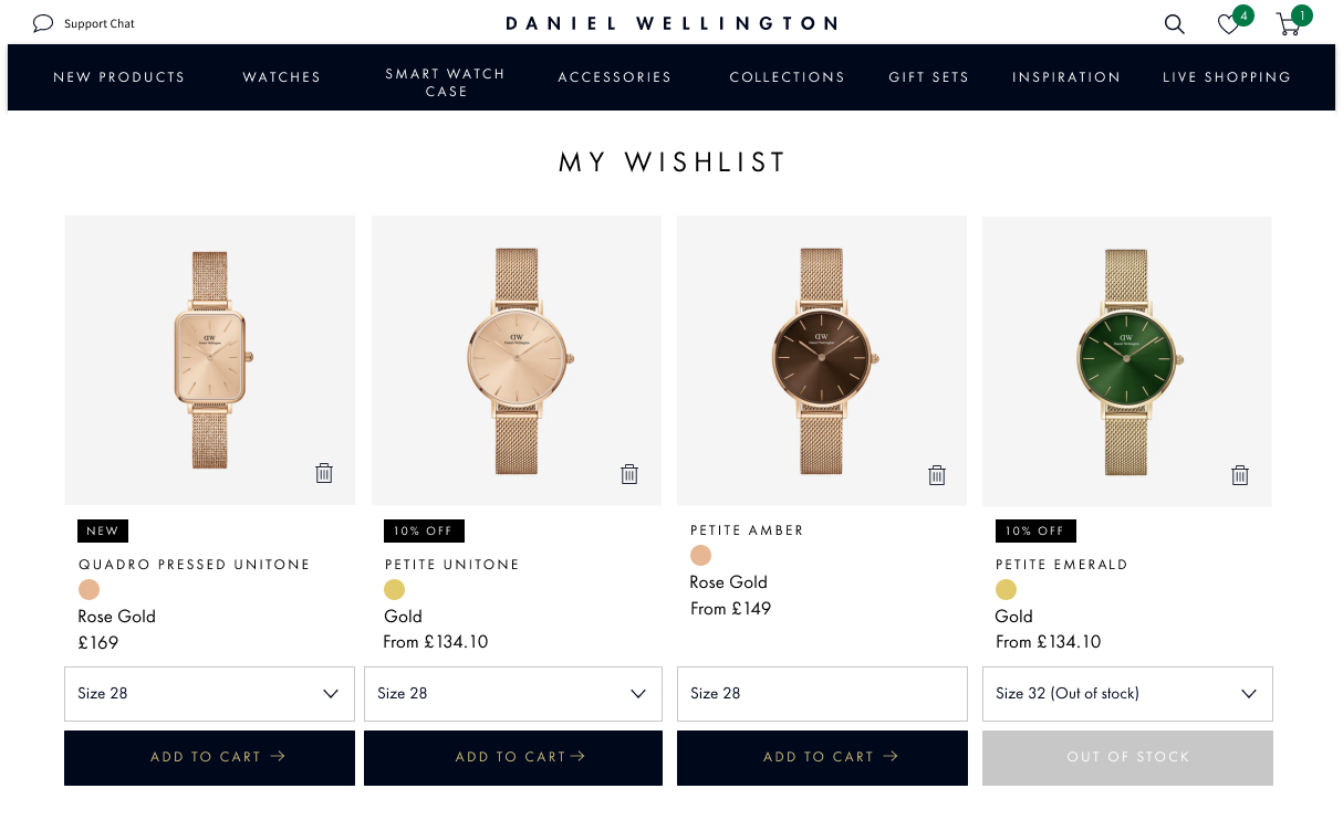 Daniel Wellington Wishlist page